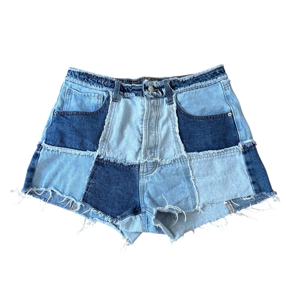 Wild Fable Denim Shorts Women Blue Patchwork Highest Rise Cutoff SIZE 8